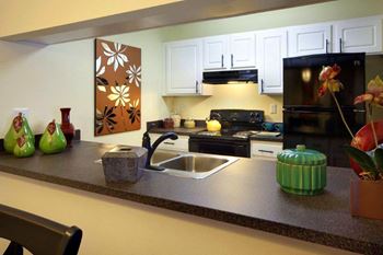 Kitchen with Island and Black Counter Tops at Coral Club, Bradenton